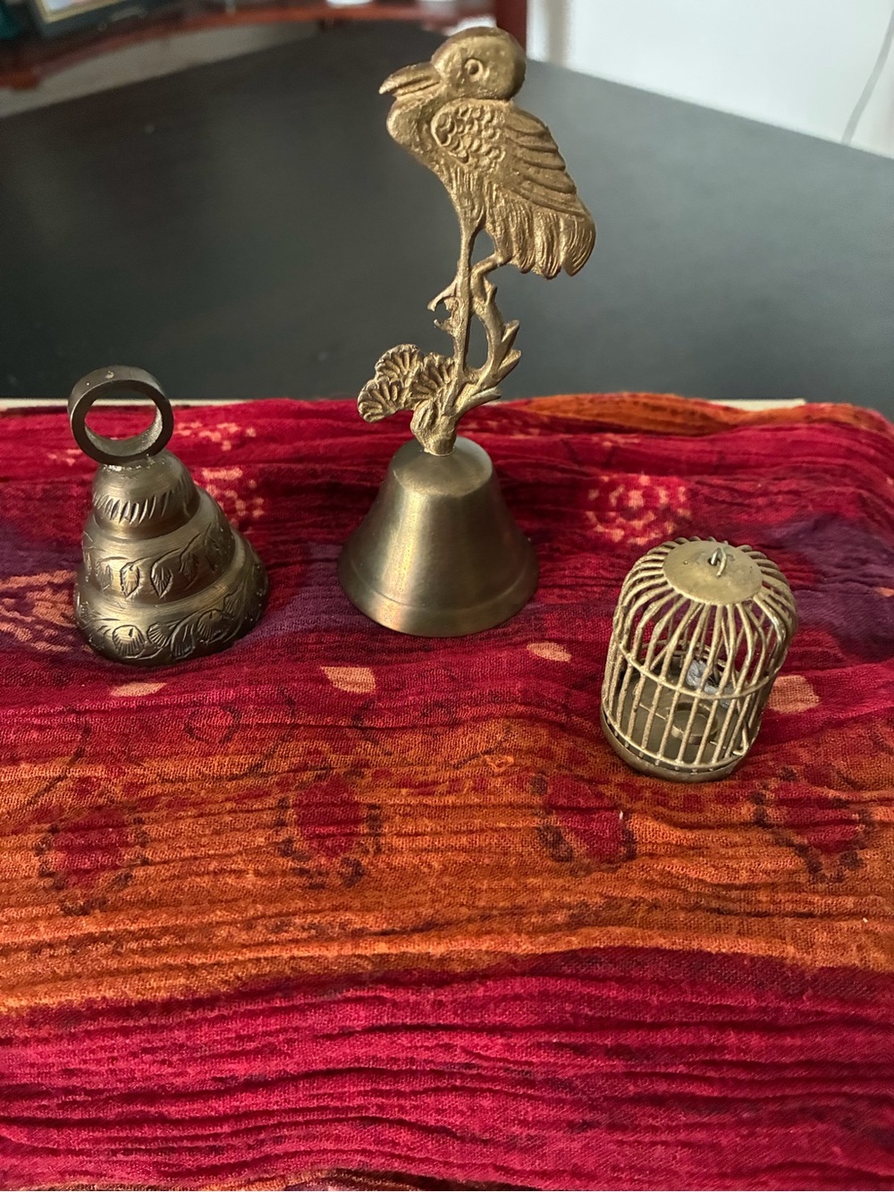 Antique-Style Brass Bell with Bird Accent - Brass Finish